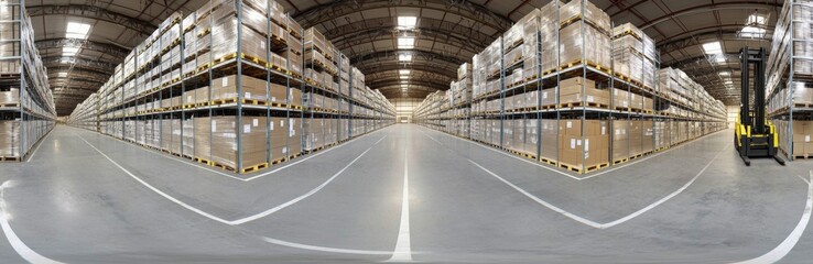 Panoramic view of a modern warehouse with high shelves, boxes, pallets, and forklift in an industrial setting.