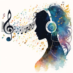 Beautiful young woman listening to music with headphone, artistic style