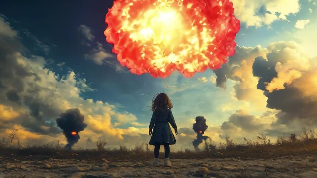 A girl with a red balloon stands amidst war's destruction, symbolizing hope and resilience. Ideal for themes of peace, conflict, and childhood.. AI Generation