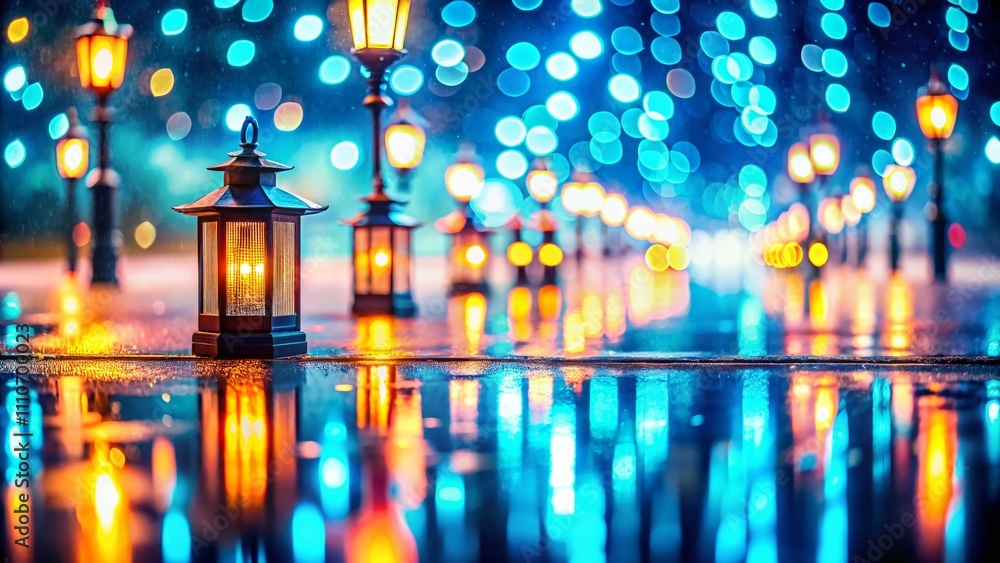 Aufkleber enchanting empty scene with lanterns on wet asphalt, blue abstract background, and bokeh lights rays