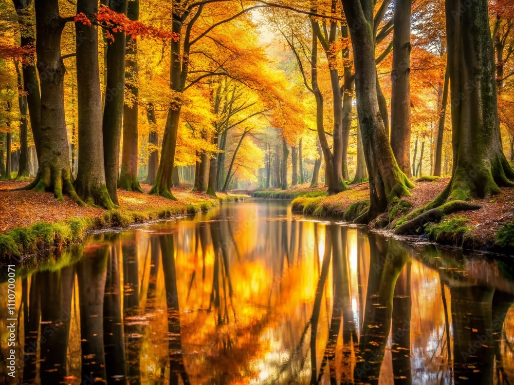 Aufkleber enchanting fall reflections: tree trunks in a dutch forest stream with bokeh effect capturing autumn