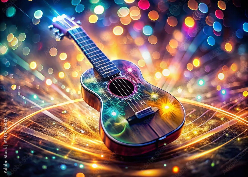 Poster enchanting glow of a whimsical retro-futuristic ukulele with a translucent body and illuminated stri