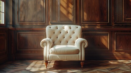 A classic tufted armchair in a richly paneled room with soft lighting.