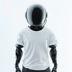 A futuristic humanoid robot wearing a white t-shirt and a helmet, showcasing advanced technology.