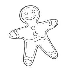 Gingerbread man cookies hand drawn illustration with black lines, isolated on white background. Doodle Ginger bread coloring book page. Decorative vector element for Christmas, New Year design.