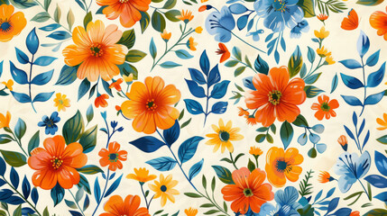 Bright floral pattern featuring orange, blue, and green flowers with leaves, creating vibrant and cheerful design perfect for various applications