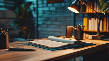 The Open Book on a Desk with a Lamp Shining on It in the Evening