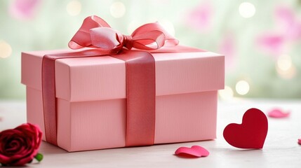 Romantic Pink Gift Box with Red Ribbon & Heart