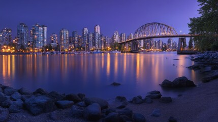 Fototapeta premium Captivating Cityscape of Vancouver at Twilight with Illuminated Skyscrapers and a Stunning Bridge Reflecting on Calm Waters