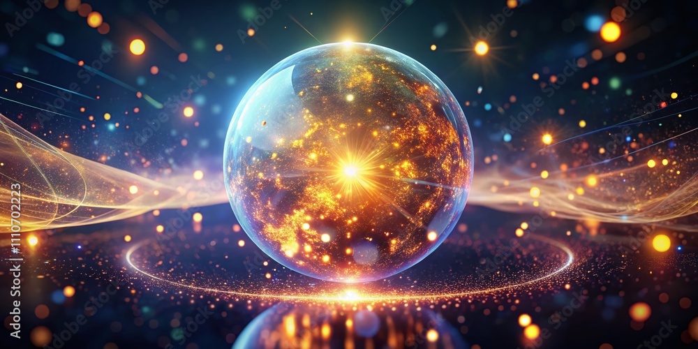 Poster enchanting radial magical sphere surrounded by floating particles with energy flowing around its cor