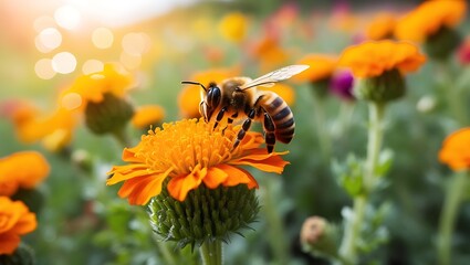 Honeybee Collecting Pollen From Orange Flower