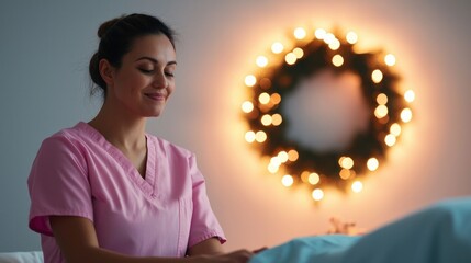 A caring nurse in pink scrubs enjoys the soft glow of a holiday wreath, reflecting peace, compassion, and festive care.