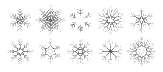 Trendy vintage stipple dots snowflakes collection. Cute dotted snow ice shapes set. Fading gradient Christmas or New Year Holiday symbols 