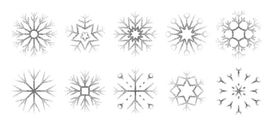 Trendy vintage stipple dots snowflakes collection. Cute dotted snow ice shapes set. Fading gradient Christmas or New Year Holiday symbols 