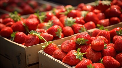 A photo of crates of plump strawberries at the market