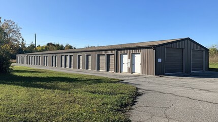 Long row of self-storage units in a rural setting.