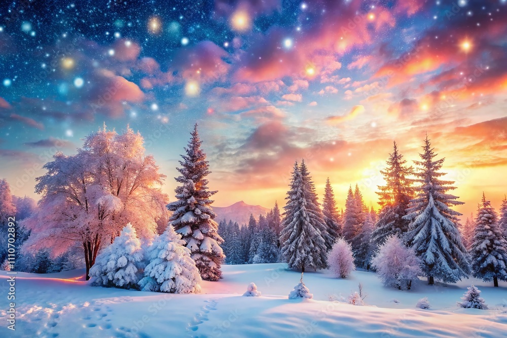 Poster enchanting winter wonderland with bokeh effect: soft snowflakes and frosty trees creating a magical 