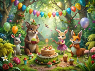 Obraz premium Enchanting Whimsical Forest Animal Birthday Party with Cute Creatures, Colorful Decorations, and Playful Atmosphere for a Magical Celebration in Nature