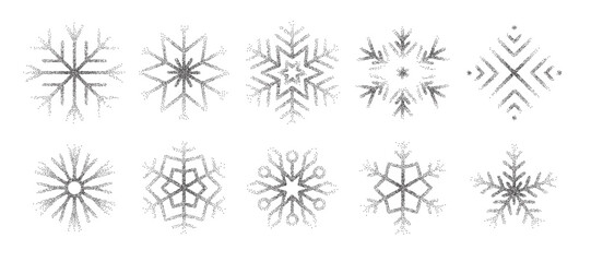 Trendy vintage stipple dots snowflakes collection. Cute dotted snow ice shapes set. Fading gradient Christmas or New Year Holiday symbols 