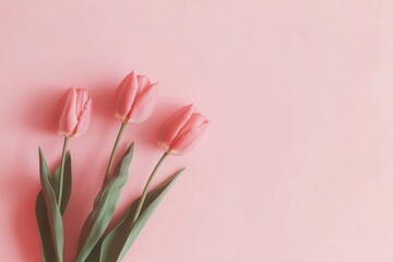 Pink tulips on a pink background in a minimalist flat lay style, banner layout with ample copy space for text.