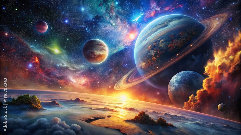 Poster enigmatic double exposure of a planet surrounded by mystical space elements, merging nature with cel