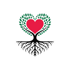 Abstract Heart Tree Illustration with Leaves and Roots