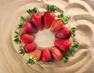 Strawberries in the shape of a circle with a sandy background