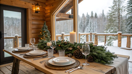 A cozy winter scene inside a wooden cabin with a festive dining table set for a holiday meal. The table is decorated with a pine garland, candles, and plates, while snow-covered trees and cabins are v