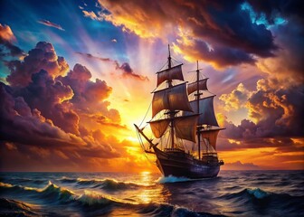 Obraz premium Enormous Pirate Ship Sailing Through the Mysterious Sea at Dusk, Ideal for Fantasy Concepts, Video Game Backgrounds, and Serious Book Illustrations in Digital Art Style