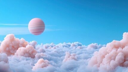 Galaxy outer space party A dreamy sky scene featuring fluffy clouds and a distant planet against a blue backdrop.