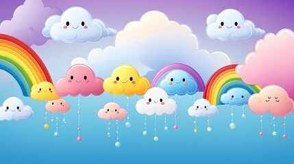 Image of cartoon characters clouds in rainbow colors watercolor