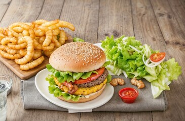 fastfood burger, salad, and french fry on wooden board in a rustic style on gray background close up	