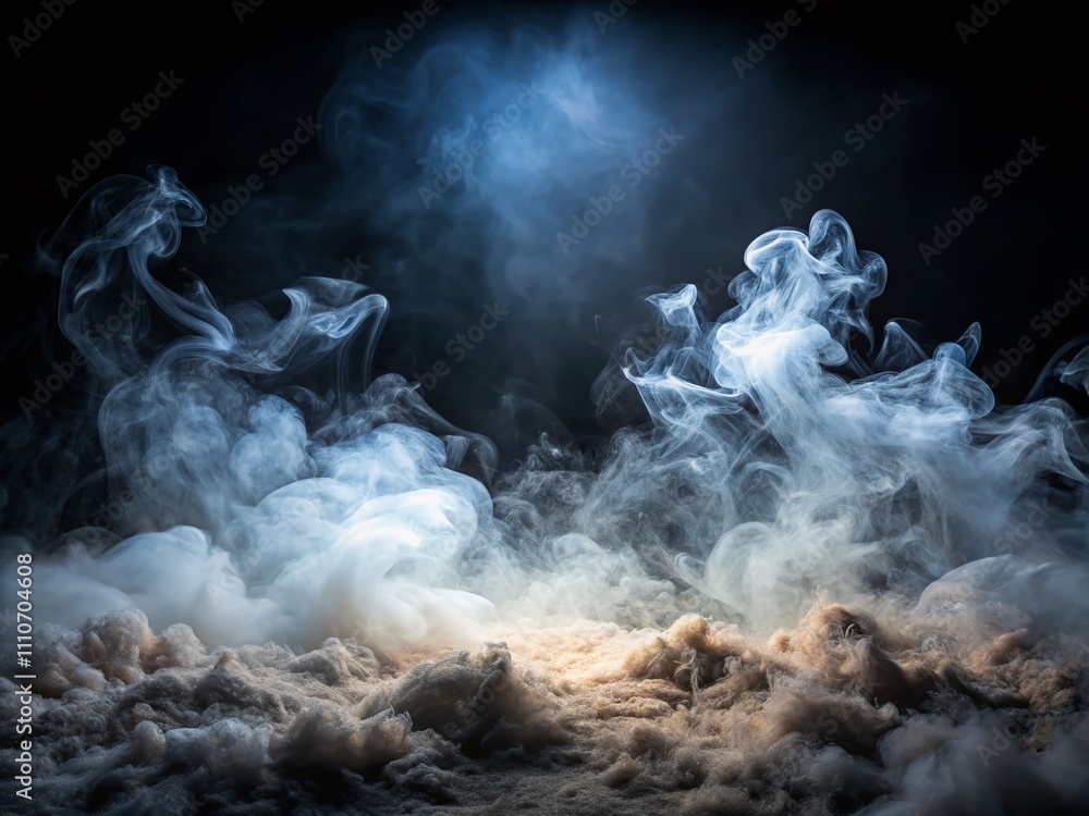 Poster ethereal night scene with smoke clouds creating fog over black background, perfect for abstract and 