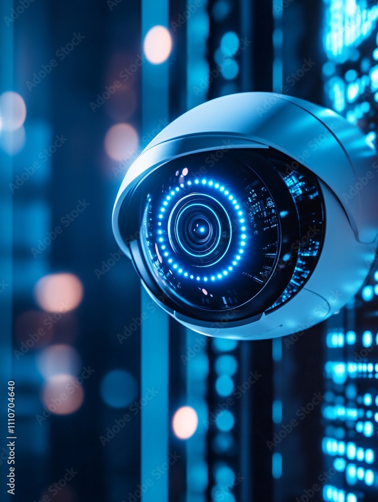 Aufkleber high-tech dome surveillance camera with a glowing blue interface in a futuristic data center. close-