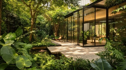 Obraz premium Modern glass house nestled in lush tropical garden.