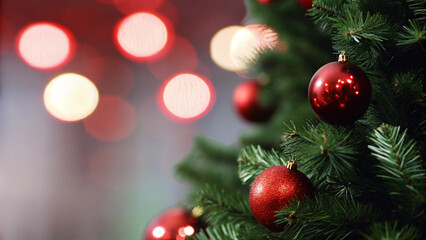 Close-up of Christmas tree with red balls and bokeh in the background.