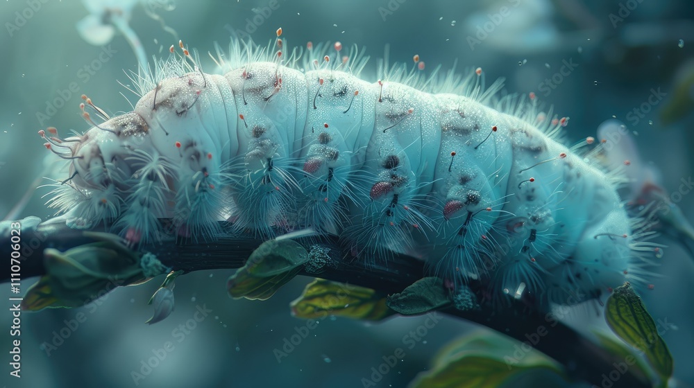 Poster a close-up of a fuzzy caterpillar resting on a branch surrounded by leaves in a dreamy atmosphere.
