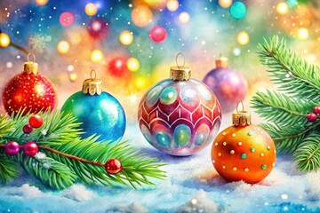 Exquisite Collection of Watercolor Christmas Elements Featuring Beautifully Crafted Ornaments, Baubles, and Holiday Decorations Against a Dreamy Bokeh Background