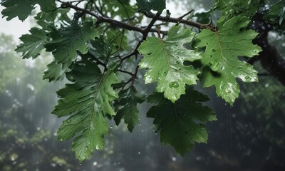 A full branch of oak tree with large green leaves covered in a layer of rainwater drops, rainy landscape, leafy greenery