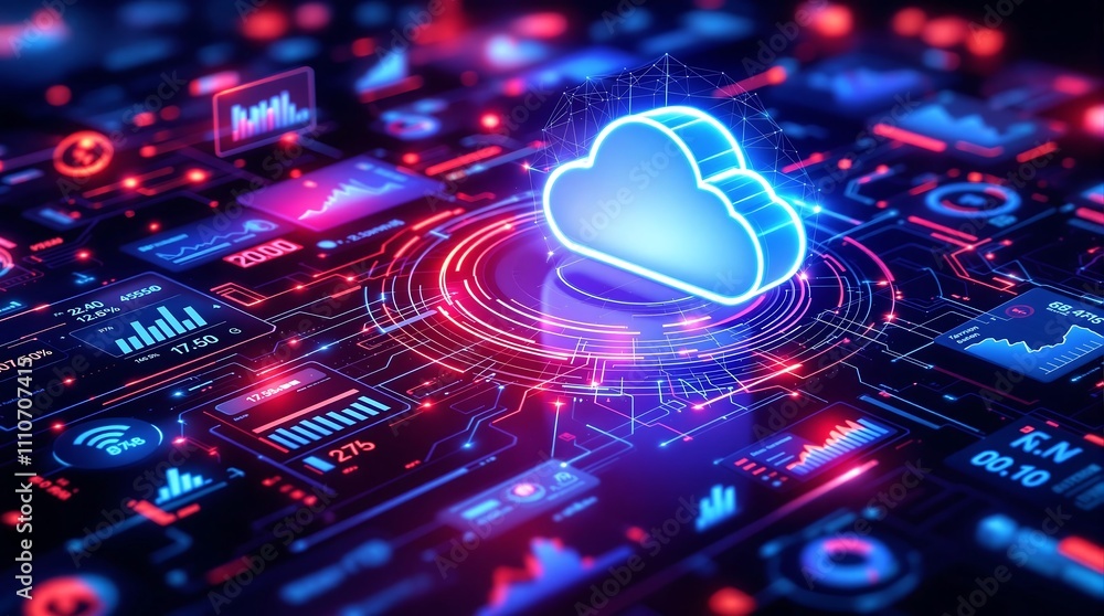 Poster digital interface with cloud icons and graphs representing cloud cost management and optimization