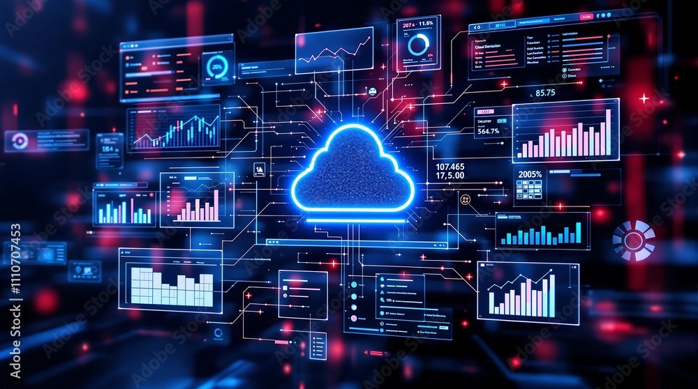Poster digital interface with cloud icons and graphs representing cloud cost management and optimization