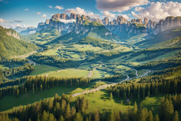 Scenic Valley with Verdant Hills and Towering Cliffs under a Clear Blue Sky