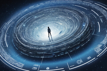 A concept of a person internet surfing, enveloped by a futuristic vortex of digital data and social media symbols circling around Earth