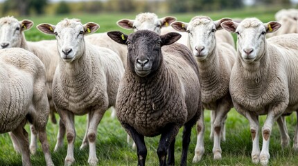 Fototapeta premium A black sheep surround with normal white sheep