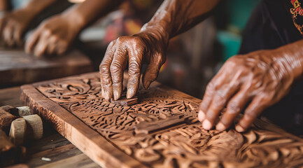 Hands intricately carving a wooden panel, showcasing traditional craftsmanship and artistry in woodwork.