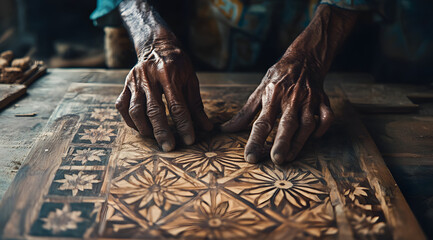 Fototapeta premium A craftsman intricately carves a wooden panel, showcasing detailed floral patterns, emphasizing traditional artistry and skilled craftsmanship.