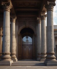 Obraz premium A majestic columned building with a broad entrance and ornate carvings , ornate, decorative
