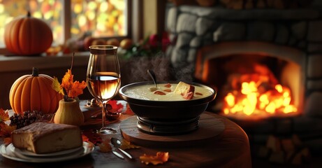 Enjoying Autumn Swiss Cheese Fondue. AI generated illustration.