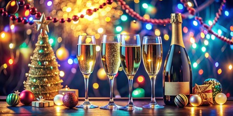 Festive New Year Celebration with Elegant Champagne Banners, Glimmering Lights, and Stylish Decor for a Joyful and Memorable Holiday Gathering Experience