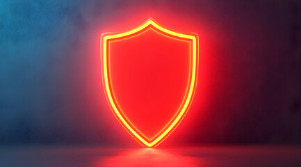 A glowing red neon shield symbol against a dark background, representing protection and security.